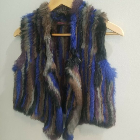 ANTIK BATIK GIRLS 12 BLANCA‎ RABBIT FUR VEST MULTI COLOR BLUE STRIPE
